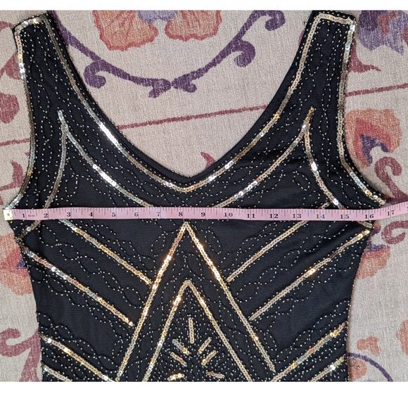 Retro Sequin Flapper Dress with Fringe Black and Gold Small - Picture 7 of 14